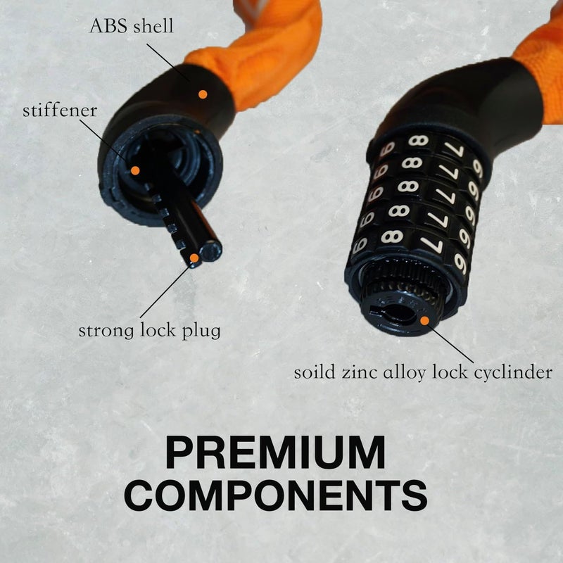 Rifarter Bike Lock Chain Heavy Duty, 5 Digit Combination Anti-Theft Bicycle Lock, 3.2 Feet Long Security Resettable Bike Locks for Road, Mountain Bike, Scooter, Motorcycle, Door, Gate, Fence, Orange - Image 3
